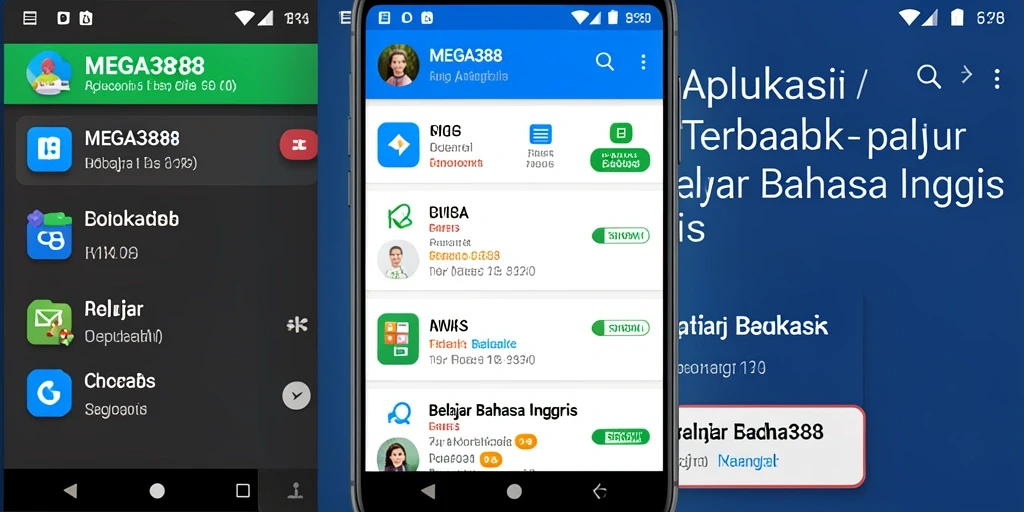Antarmuka aplikasi MEGA388 yang interaktif untuk belajar bahasa Inggris.
